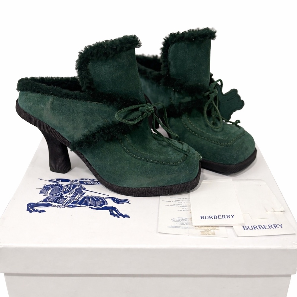Burberry Highland Dark Green Suede & Shearling Heeled Bootie Mules Size 39/ 9